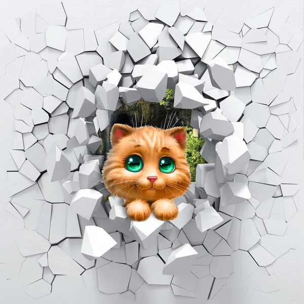Üç boyutlu arka plan, kedi ve kırık bir duvar. 3D duvar çok hoş görünüyor ve odaya farklı renkler getiriyor! Görsel olarak çocuk odasını genişletecek ve iç mekanda bir aksan haline gelecek.