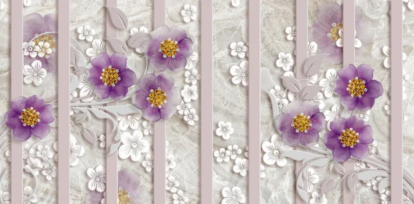 3d wallpaper, purple jewelry flowers, marble background, vertical stripes. 3d illustration