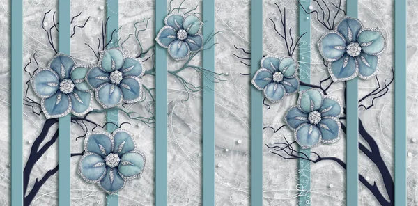 3d wallpaper, blue jewelry flowers, marble background, vertical stripes