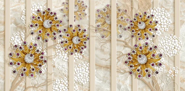 Tapete Goldschmuck Blumen Marmorhintergrund Vertikale Streifen Illustration — Stockfoto