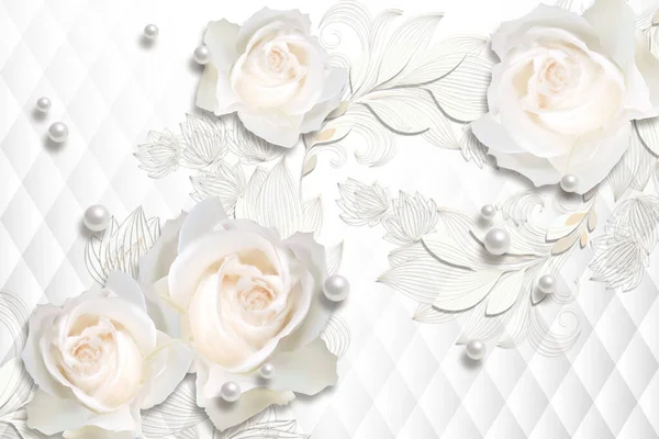 Белые Розы Жемчуг Белом Абстрактном Фоне Обои Текстура Праздник Праздник — стоковое фото