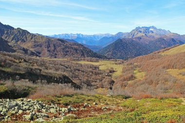 Sarı sonbahar tepeler ve dağlar ile Panorama. Yedi Göller, Abhazya Cumhuriyeti vadisinde fotoğraf çekildi.