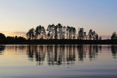 Ağaçlar ve renkli gökyüzü siluetleri orman göle akşam yansıtılır. Harika manzara. Sıradışı ve güzel sahne. Güzellik dünya. Rusya.