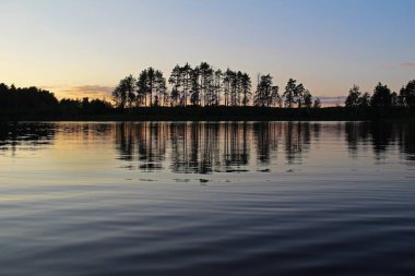 Ağaçlar ve renkli gökyüzü siluetleri orman göle akşam yansıtılır. Harika manzara. Sıradışı ve güzel sahne. Güzellik dünya. Rusya.