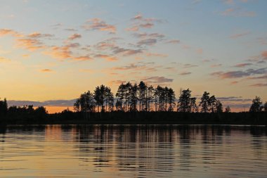 Ağaçlar ve renkli gökyüzü siluetleri orman göle akşam yansıtılır. Harika manzara. Sıradışı ve güzel sahne. Güzellik dünya. Rusya.
