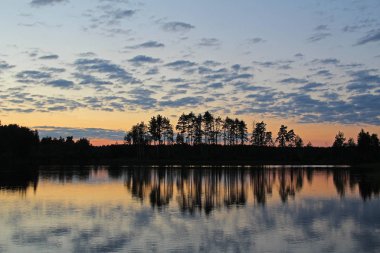 Ağaçlar ve renkli gökyüzü siluetleri orman göle akşam yansıtılır. Harika manzara. Sıradışı ve güzel sahne. Güzellik dünya. Rusya.