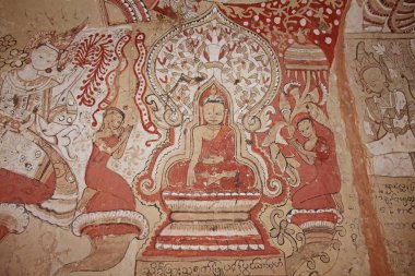 Monywa, Myanmar - 14 Şubat 2019: Pho Win Taung Mağaraları,Monywa şehri, Sagaing State, Myanmar, Asya'da duvarlarda resim.