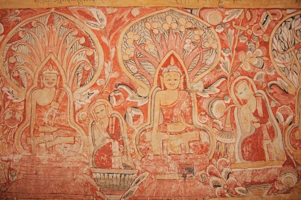 缅甸莫尼瓦 - 2019年2月14日：在莫尼瓦市，萨加因州，缅甸，亚洲的Pho Win Taung洞穴的墙壁上绘画. — 图库照片