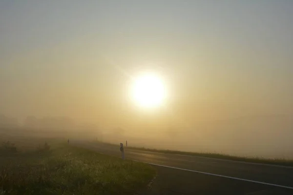 Sunrise with empty asphalt road ,  in the countryside with sun and fog