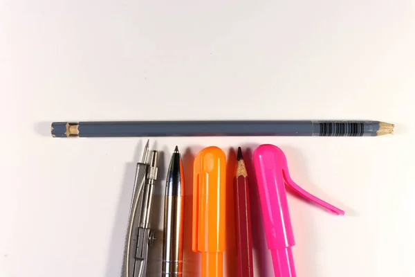 Little Detail Pencil Next Accessories Important Survive School White Background — Stock Photo, Image