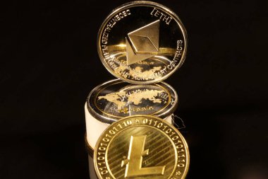 Gümüş bir litecoin üst tarafındaki boru diğerleri siyah arka plan üzerine undercrofts