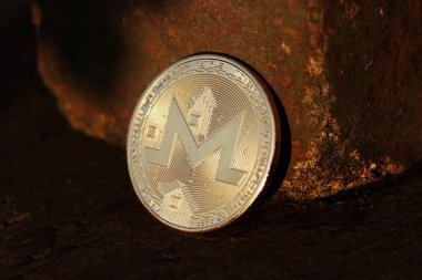 Yan görünümden monero sikke üzerinde. Bitcoin bir türüdür. Biz tuğla, metal ve ahşap görebilirsiniz