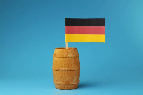 View National Flag Germany Wooden Stick Wooden Barrel Blue Background — Stock Photo, Image