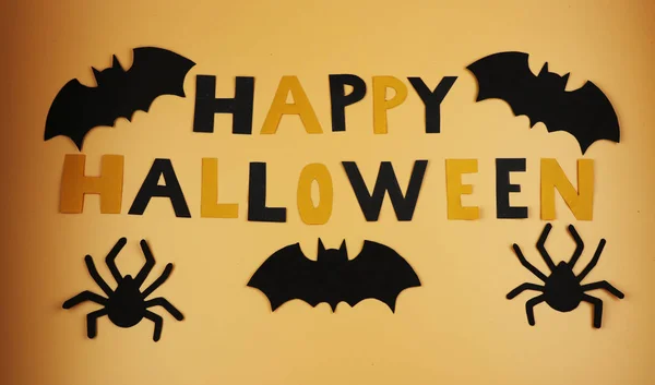 Sinal Feliz Halloween Com Alguns Morcegos Pretos Aranhas Doce Travessura — Fotografia de Stock