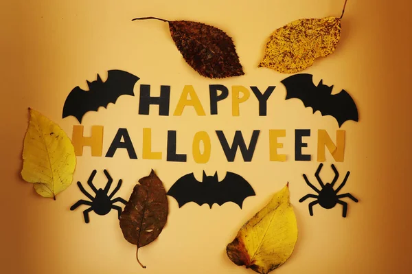 Sinal Feliz Halloween Com Alguns Morcegos Pretos Aranhas Doce Travessura — Fotografia de Stock