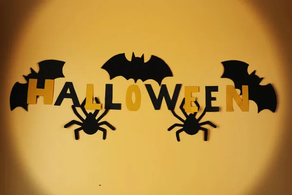 Feliz Halloween Fundo Laranja Também Tem Algumas Aranhas Morcegos Sides — Fotografia de Stock