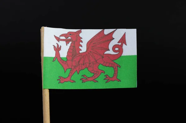 在黑色背景下的牙签上的威尔士官方和非常原始的国旗 由每费斯 阿金特和维特组成 这是一条龙的传道古尔斯 — 图库照片