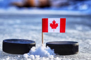Kanada bayrağı üzerinde kürdan iki hokey adam arasında. Bir Kanada olacak Dünya Kupası Grup A. 2019 IIHF Dünya Şampiyonası Slovakya oynarken