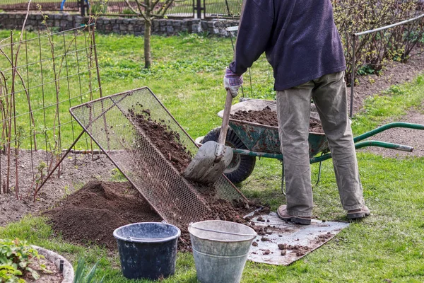 Man wears work outfit. Gardener prepare earth for new flowers and trees. He sifting soil through handmade sieve for better consistency earth and without stones. Plastic black bucket for stones