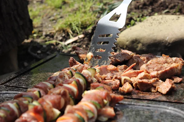 Baharat etini demir kaşıkla çevirmek. Bahçede barbekü. Özel ızgara taş lezzetli tavuk ve hindi eti. — Stok fotoğraf