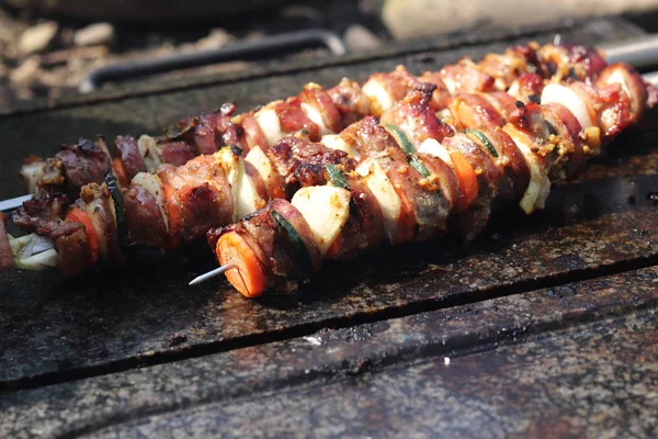 Suculenta brocheta de pollo con zanahoria, salchicha clavada al poste de hierro se calientan en piedra especial para barbacoa. Barbacoa casera en el jardín con un clima maravilloso —  Fotos de Stock