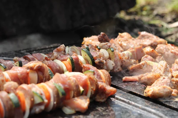 Warmes Puten- und Hühnerfleisch in Form von Nudeln auf einem speziellen Tisch aus Granit. Fleisch mit Gemüse braten. lecker und frisch. — Stockfoto