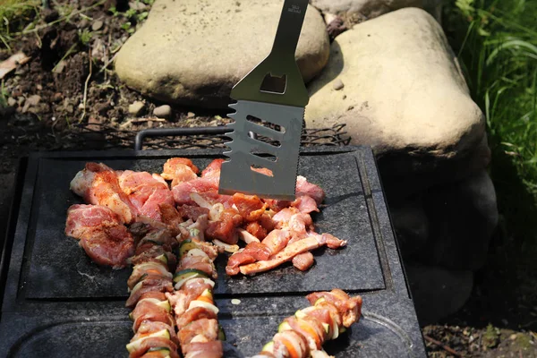 Leckere Hühnernudeln und Fleisch auf Eisenstab mit Gemüse abwechselnd warm auf speziellem Stein aus Garnit. — Stockfoto