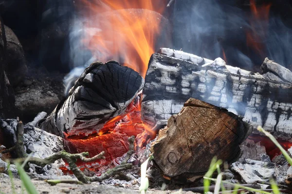 Kampvuur in de tuin met houtverbranding op de middag. Lange blootstelling. Verbrande logs verliest langzaam hun calorische waarde — Stockfoto