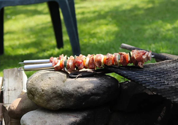 Viande préparée pour barbecue. Détendez-vous au feu de camp en famille. Alterner le poulet et la viande de dinde avec des légumes sur un bâton de fer grillé spécial. En attendant la température idéale dans le feu . — Photo
