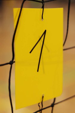 Sarı plastik kart üzerinde siyah marker tarafından yazılmış bir numara voleybol net tutar. Spor salonundaki mahkemeleri tanımlamak için kullanılan numara