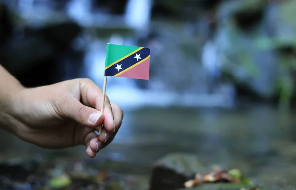 Ulusal Saint Kitts ve Nevis bayrağı. Gençler sonbahar zamanlarında şelalenin yanında milli korkuyu yaşatıyor. İnsanlık ve doğa kavramı. Kitts ve Nevis ellerinde.