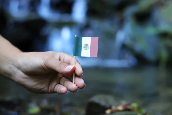 National flag of Mexico on wooden stick. Young boy holds national athem near waterfall on stream in autumn times. Concept of humanity and nature. United Mexican States in hand. Flag for packet — Stock Photo, Image
