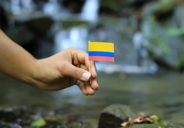 Joven sostiene bandera nacional de Colombia en palo de madera. Adolescente da respeto al estado nación de Colombia. Corriente y belleza de la naturaleza en el fondo. Concepto de humanidad y prosperidad — Foto de Stock