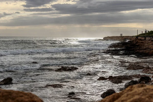 Bela Paisagem Com Litoral Rochoso Mar Mediterrâneo Pôr Sol Dos — Fotografia de Stock