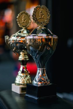 Spor salonunda karanlık bir arka plan karşı Kupası şampiyonu