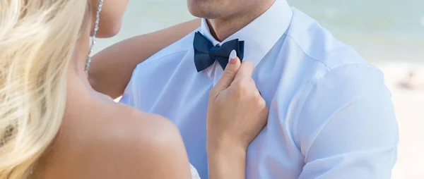 Man Groom Wedding Suit Bow Tie Hands Bride Care Fix — Stock Photo, Image