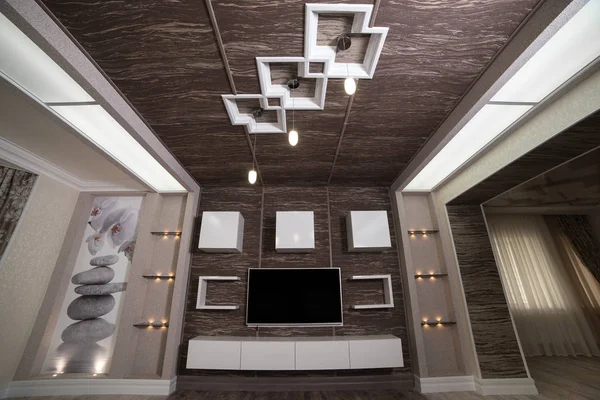 Design Moderno Sala Descanso Com Dispositivos Elétricos Combinados Iluminação Parquet — Fotografia de Stock