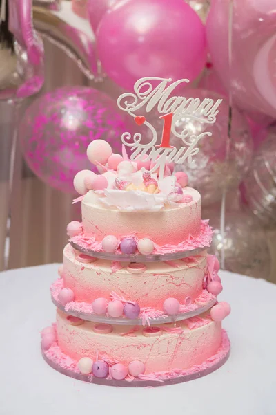 Hermoso Pastel Grande Decorado Varios Niveles Para Primera Decoración Cumpleaños — Foto de Stock