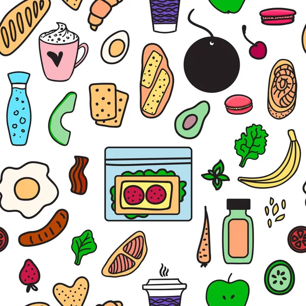 Kahvaltı el yemek gitti. Sorunsuz doku deseni. Dekor menü tasarımı için vektör illüstrasyon.