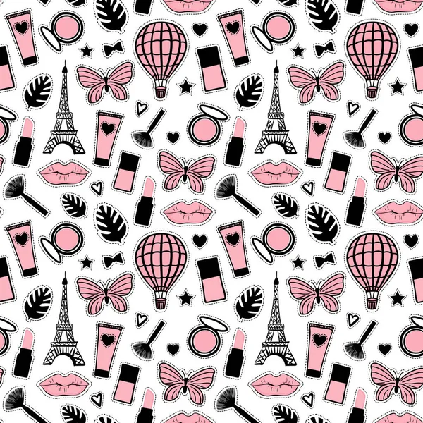 Abstract Estilo de moda padrão sem costura. Desenho de mão cosmético. Assinatura Torre Eiffel de Paris. Ilustração vetorial adesivos femininos isolados em branco —  Vetores de Stock