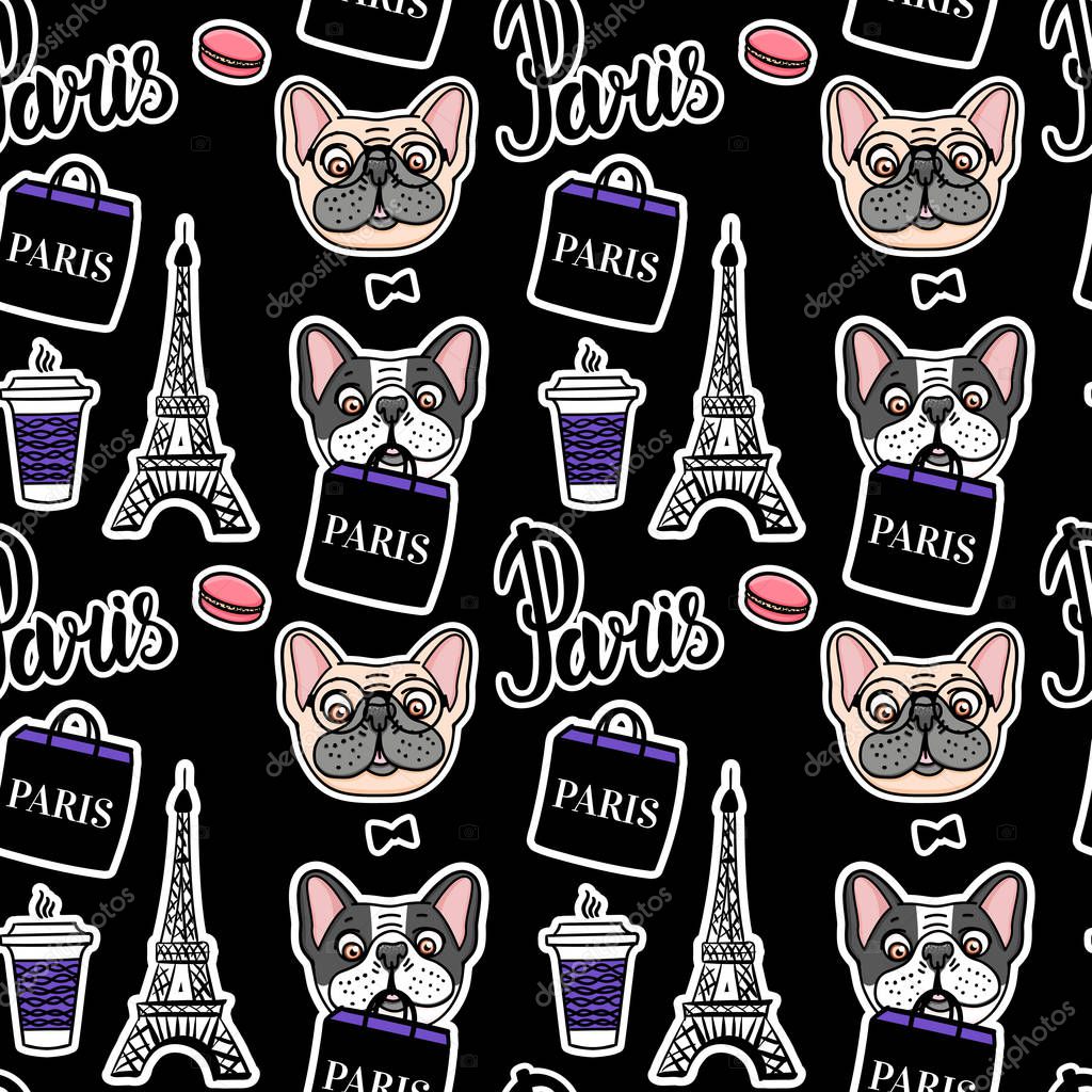 Shopping in paris dark seamless pattern. A dog is holding a shopping bag. Hand drawn on black background.