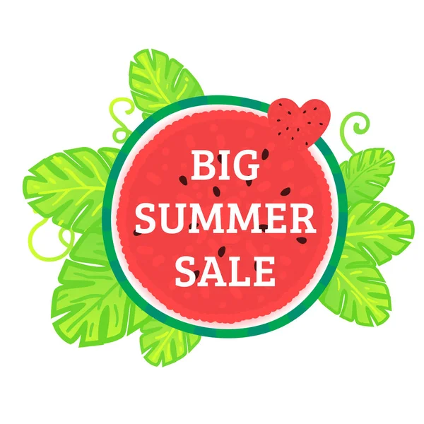 Grote zomer verkoop. Watermeloen ronde met tropische bladeren. Vector illustratie geïsoleerd op wit. — Stockvector