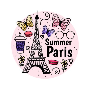 Eyfel Kulesi ve kelebek ile Yaz Paris yazdırın. Tasarım kadın tatil. Vektör el çizimi