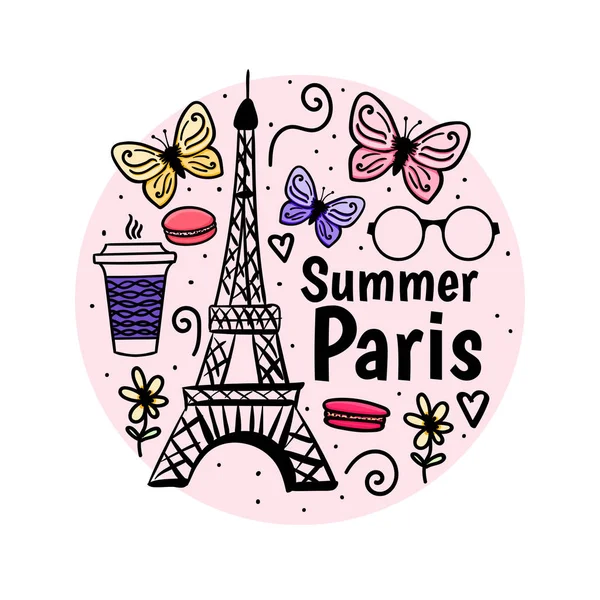 Print Sommer Paris mit Eiffelturm und Schmetterling. Design weiblichen Urlaub. Vektor handgezeichnete Skizze — Stockvektor