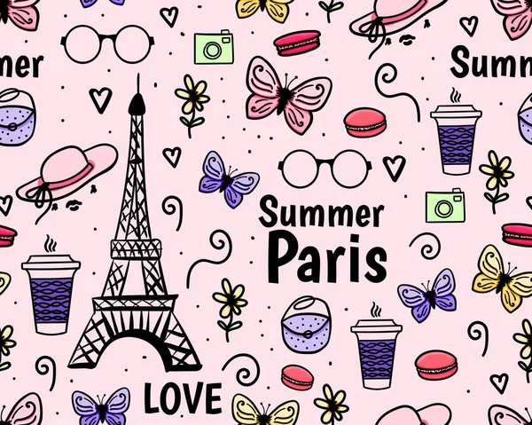 Vector Wide naadloze patroon zomer Parijs, Eiffel toren, butterfly. Vakantie vrouwelijke roze achtergrond — Stockvector