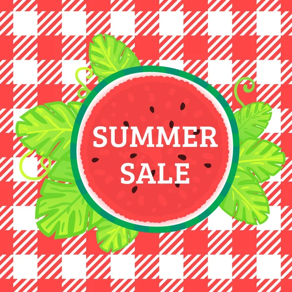 夏季销售。西瓜圆与热带叶子。方格桌布上的矢量插图 — 图库矢量图片
