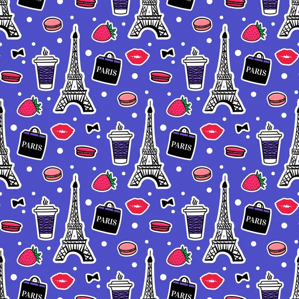 Paris style. Eiffel Tower with coffe. Surface design. Vector sketch illustration on blue background — Stock Vector