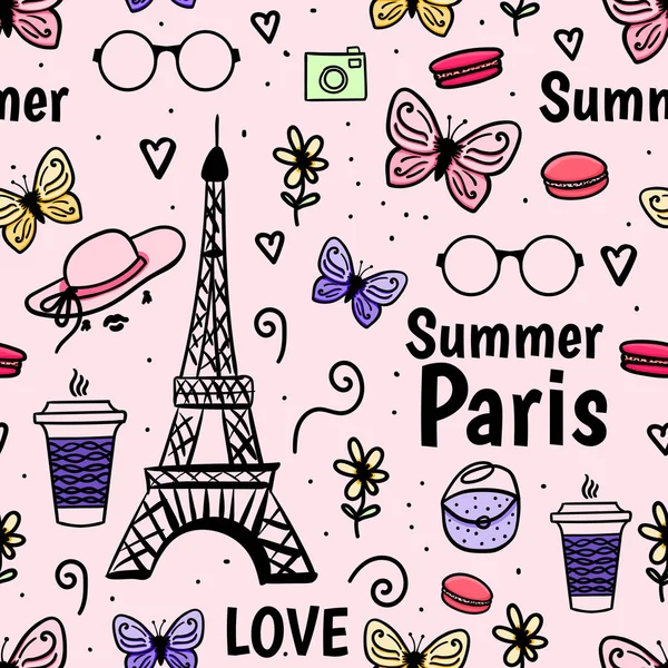 Zomer Parijs met Eiffel toren, vlinder. Vector naadloze patroon. Schattige vrouwelijke roze achtergrond. — Stockvector