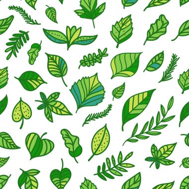 Dikişsiz desen yeşil yaprak el çizilmiş doku beyaz arka planda izole. Eko yüzey tasarımı
