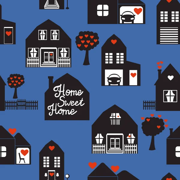 Black houses seamless pattern with cute house. Sweet home Surface design. Vector illustration — Stock Vector